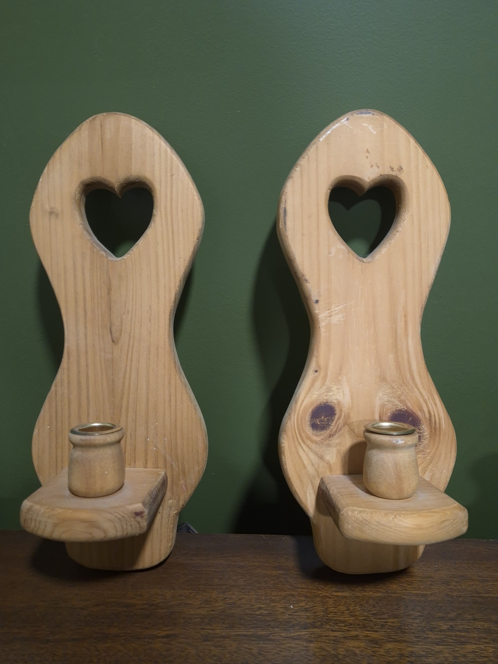 Natural Wood Heart Candle Sconces - Pair
